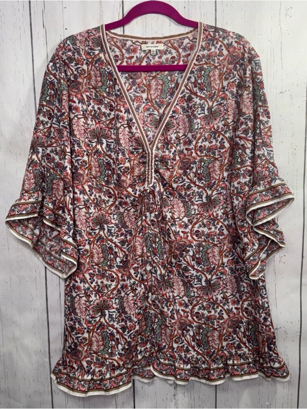 Max Studio Boho Floral Blouse L Pink Cream Romantic Cottagecore Flowy Feminine